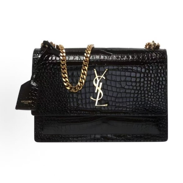 SAINT LAURENT YSL SUNSET bag, distressed gold Logo chain crossbody single-shoulder bag, medium size for women, black